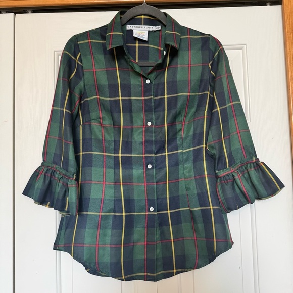 Gretchen Scott Priss Ruffle Sleeve Blouse Top Shift Cooper Green Multi Plaid - Picture 1 of 6
